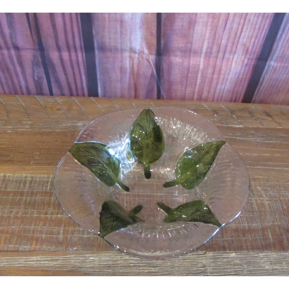VTG 90s Fused Art Glass Green Leaf Bowl 6.5 Anne C Ross Studio Art Naturecore - Picture 3 of 5